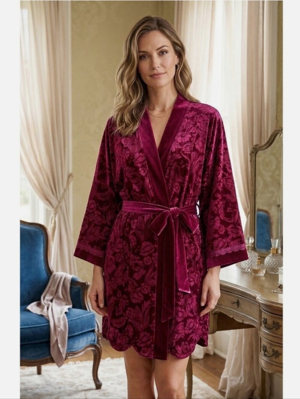 Adore Me Burgundy Floral Velvet Robe